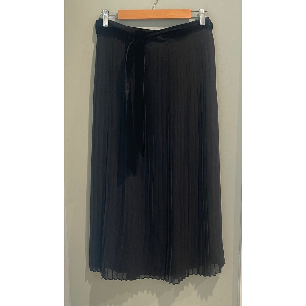 Maison‎ d'Amelie Pleated Skirt Black Velvet Waist Tie Belt Women's Small